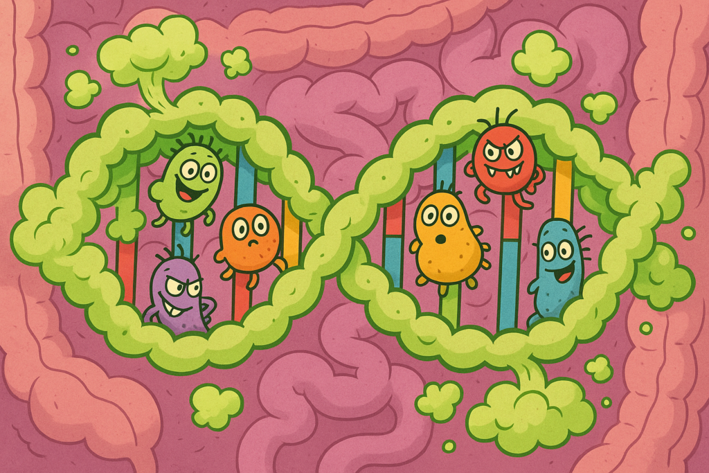 DNA double helix made of gas clouds with cartoon bacteria illustrating genetic fart smell science