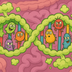 DNA double helix made of gas clouds with cartoon bacteria illustrating genetic fart smell science