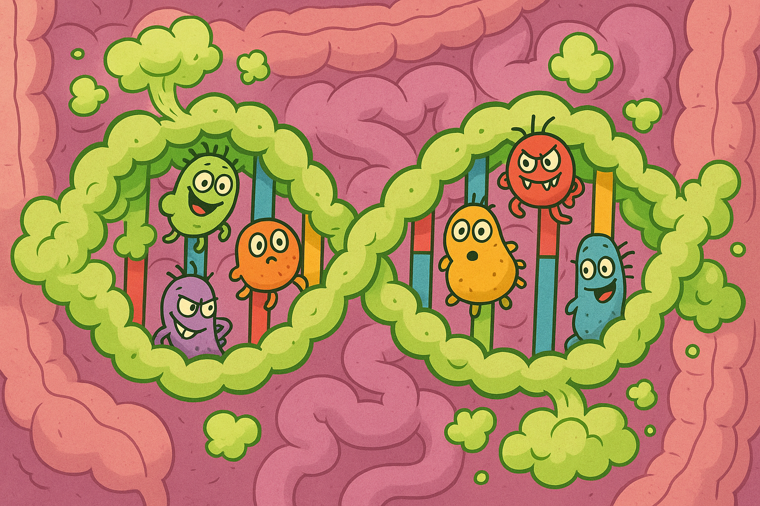 DNA double helix made of gas clouds with cartoon bacteria illustrating genetic fart smell science