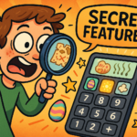 Person discovering hidden features in the Fart Calculator with magnifying glass, showing Easter eggs and secret buttons