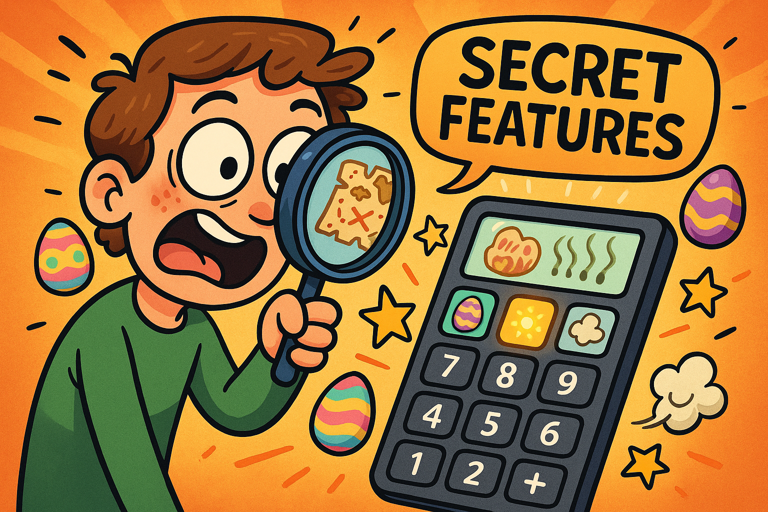 Person discovering hidden features in the Fart Calculator with magnifying glass, showing Easter eggs and secret buttons