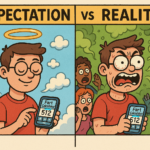 Split illustration showing expectation vs reality of using the Fart Calculator - left side shows person entering mild data imagining themselves as innocent, right side shows actual reality with horrified people fleeing toxic green gas clouds
