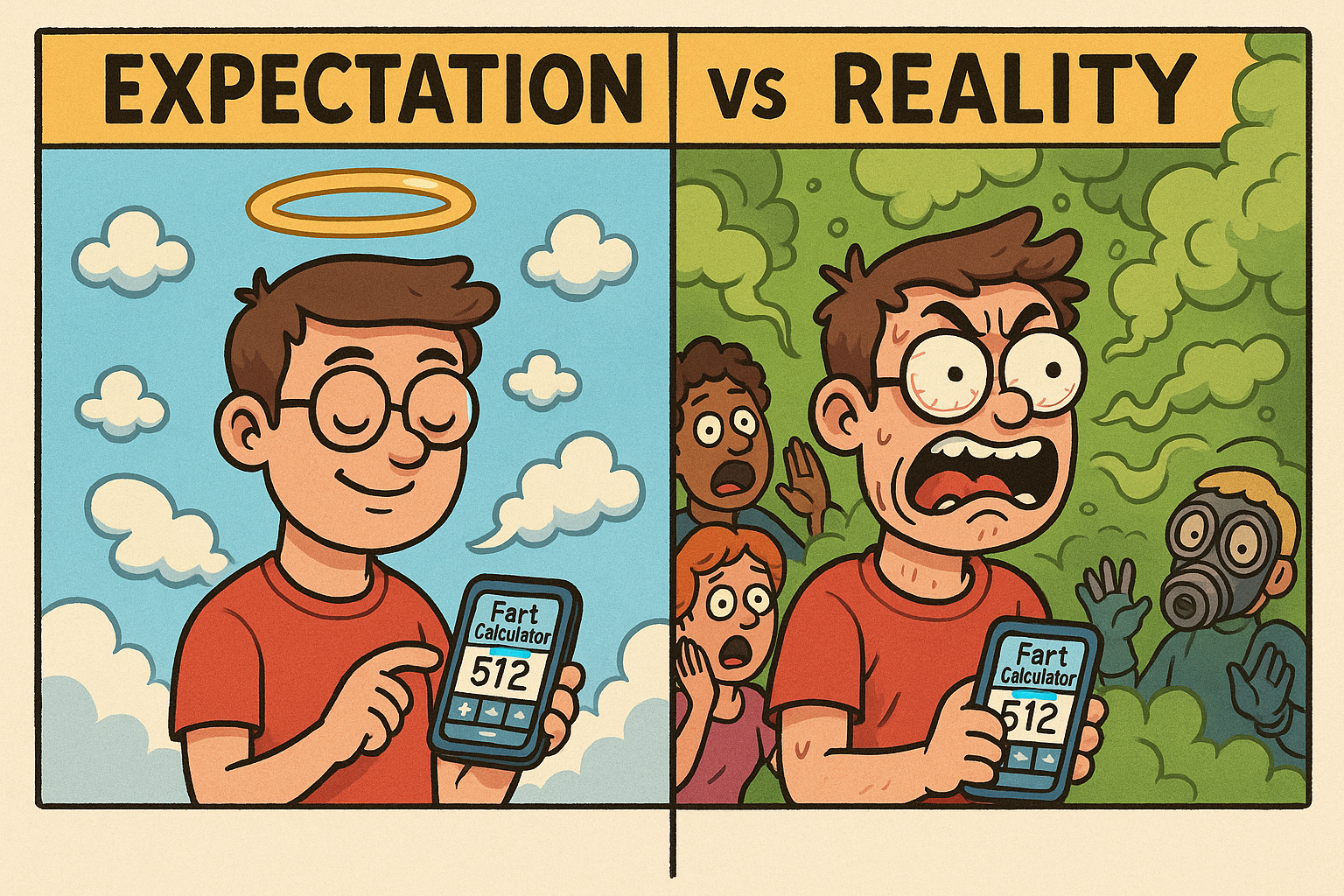 Split illustration showing expectation vs reality of using the Fart Calculator - left side shows person entering mild data imagining themselves as innocent, right side shows actual reality with horrified people fleeing toxic green gas clouds