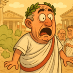 Ancient Roman senator in toga and laurel wreath with shocked expression as green gas clouds emerge in the Roman Forum