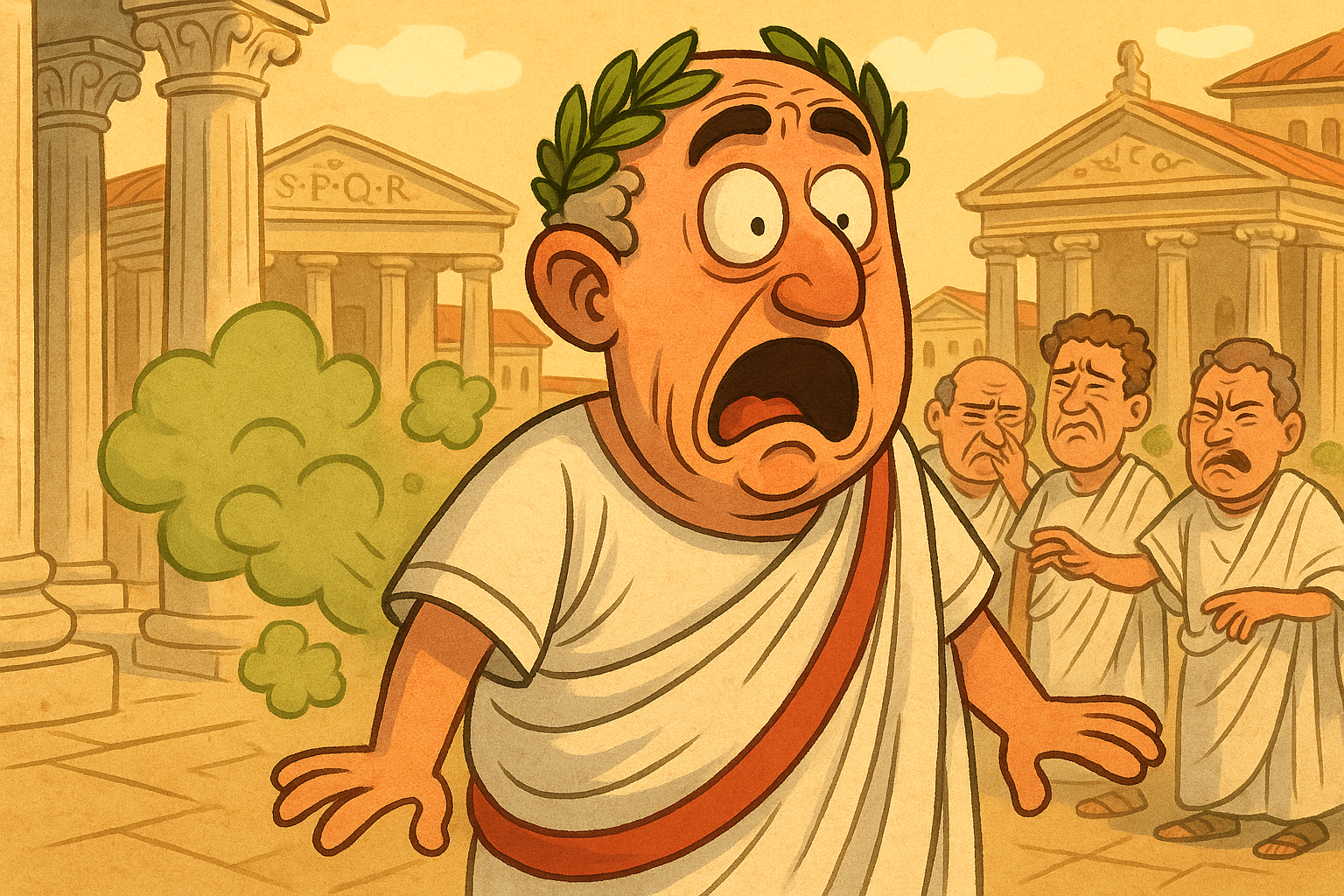 Ancient Roman senator in toga and laurel wreath with shocked expression as green gas clouds emerge in the Roman Forum