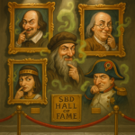 Vintage hall of fame museum display with ornate gold frames showing historical figures with sneaky expressions and green gas wisps