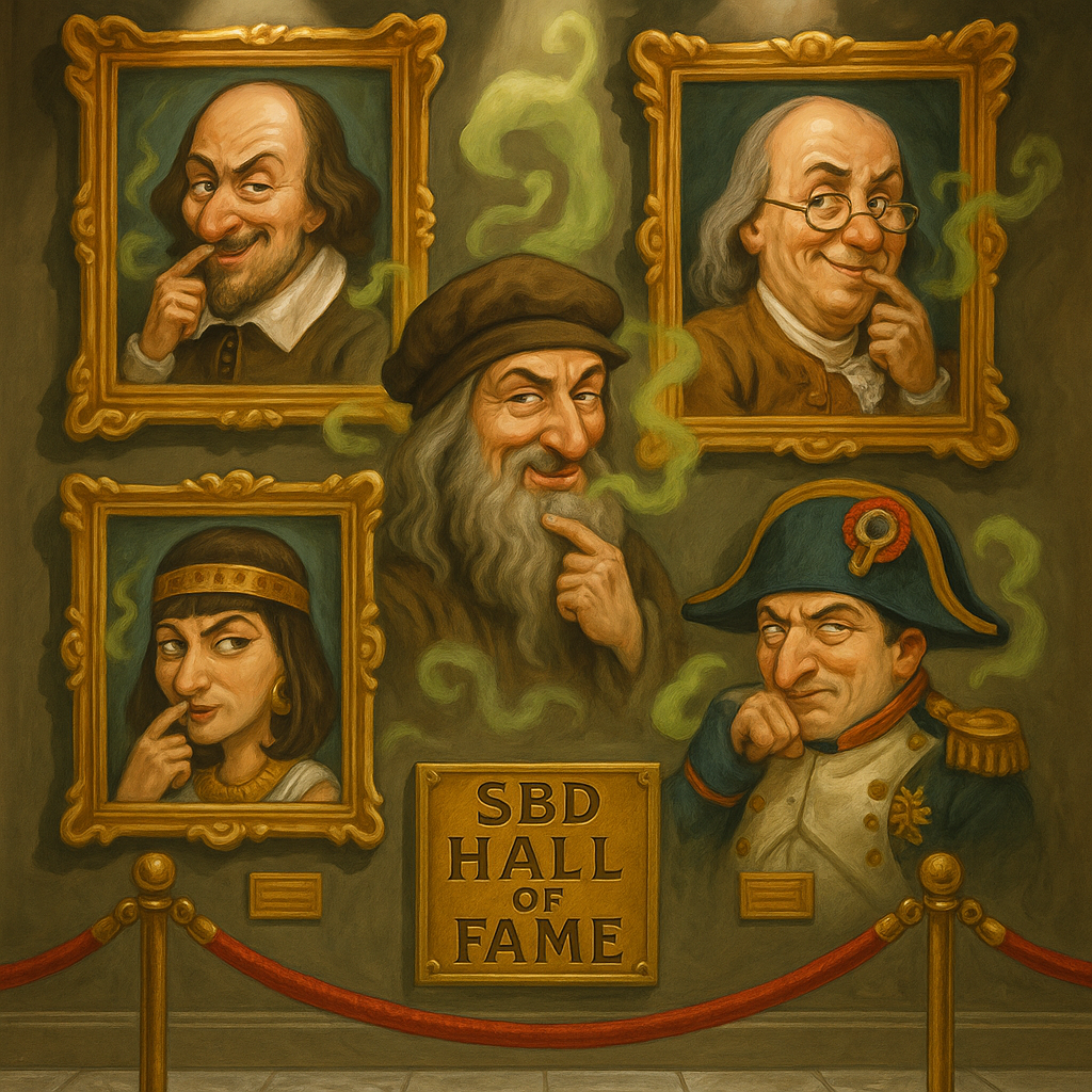 Vintage hall of fame museum display with ornate gold frames showing historical figures with sneaky expressions and green gas wisps