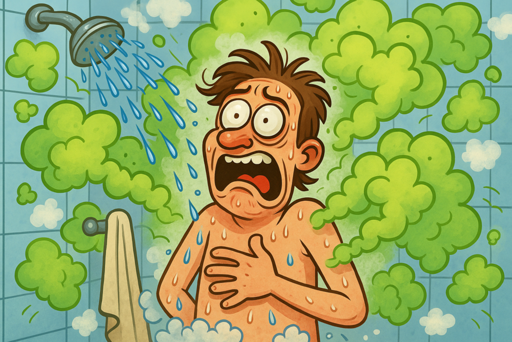 Cartoon person in shower surrounded by green toxic gas clouds looking horrified