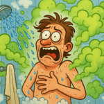 Cartoon person in shower surrounded by green toxic gas clouds looking horrified